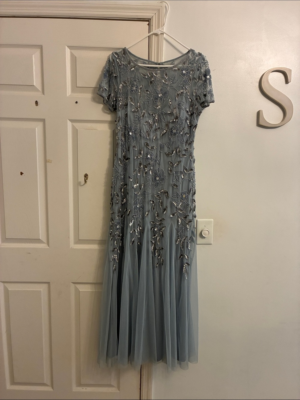 Adrianna Papell Powder Blue Beaded Tulle Maxi Dress